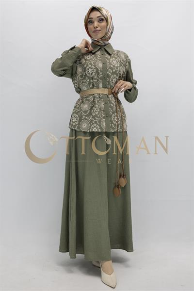Floral Desenli Keten Etekli Takım Yeşil OTW44843
