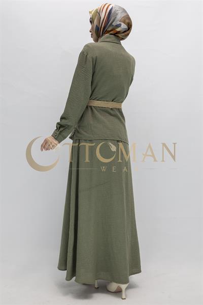 Floral Desenli Keten Etekli Takım Yeşil OTW44843