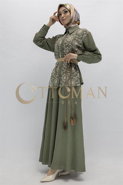 Floral Desenli Keten Etekli Takım Yeşil OTW44843