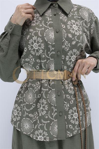 Floral Desenli Keten Etekli Takım Yeşil OTW44843