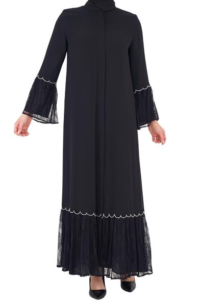 Fransız Dantel Detaylı Ferace Siyah OTW154