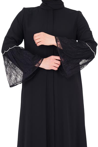 Fransız Dantel Detaylı Ferace Siyah OTW154