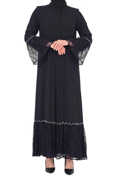 Fransız Dantel Detaylı Ferace Siyah OTW154