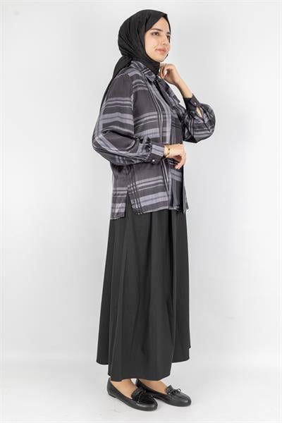 Fular Detaylı Kare Desen Bluz ve Uzun Etek Tesettür Takım Siyah OTW8576