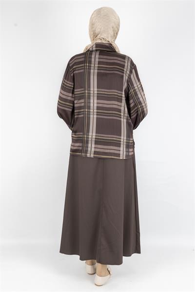 Fular Detaylı Kare Desen Bluz ve Uzun Etek Tesettür Takım Kahve OTW8576