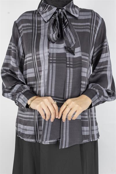 Fular Detaylı Kare Desen Bluz ve Uzun Etek Tesettür Takım Siyah OTW8576