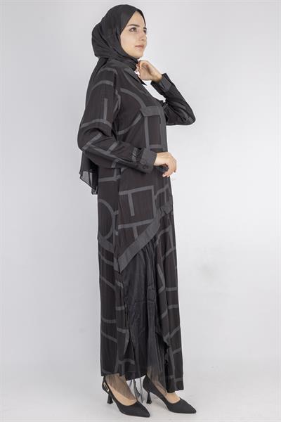 Geometrik Desenli Kravat Yakalı Elbise Siyah OTW5902