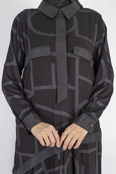 Geometrik Desenli Kravat Yakalı Elbise Siyah OTW5902