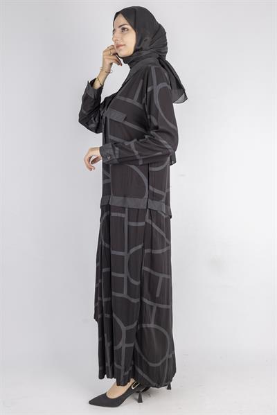 Geometrik Desenli Kravat Yakalı Elbise Siyah OTW5902
