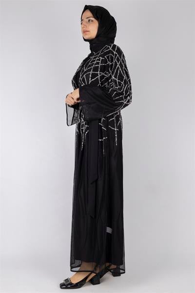 Geometrik Desenli Payet İşlemeli Abaya Siyah OTW6227