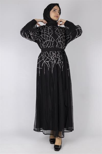 Geometrik Desenli Payet İşlemeli Abaya Siyah OTW6227