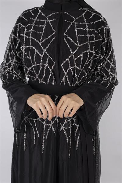 Geometrik Desenli Payet İşlemeli Abaya Siyah OTW6227