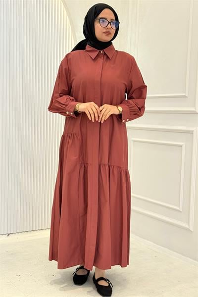 Gizli Pat Düğmeli Katlı Tesettür Elbise Kiremit OTW5287