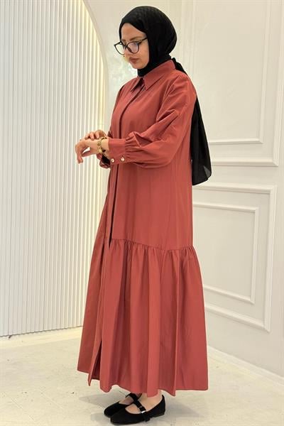 Gizli Pat Düğmeli Katlı Tesettür Elbise Kiremit OTW5287