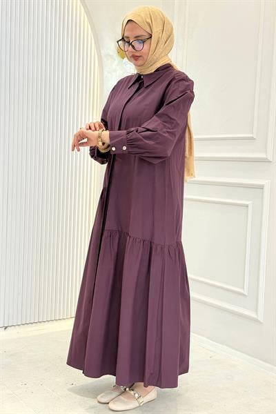 Gizli Pat Düğmeli Katlı Tesettür Elbise Mürdüm OTW5287