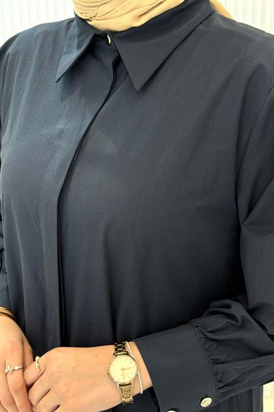Gizli Pat Düğmeli Katlı Tesettür Elbise Lacivert OTW5287