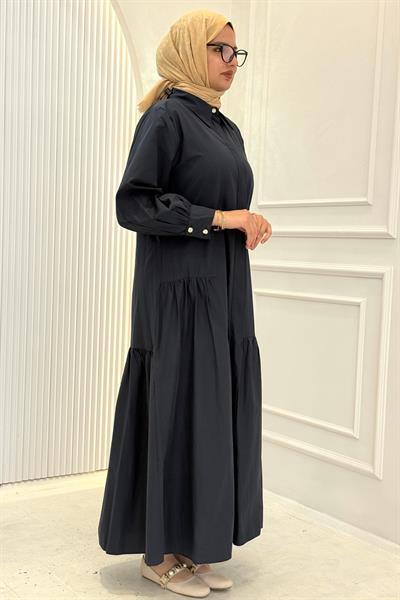 Gizli Pat Düğmeli Katlı Tesettür Elbise Lacivert OTW5287