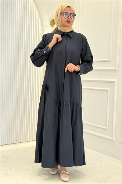 Gizli Pat Düğmeli Katlı Tesettür Elbise Lacivert OTW5287