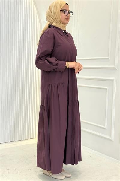 Gizli Pat Düğmeli Katlı Tesettür Elbise Mürdüm OTW5287