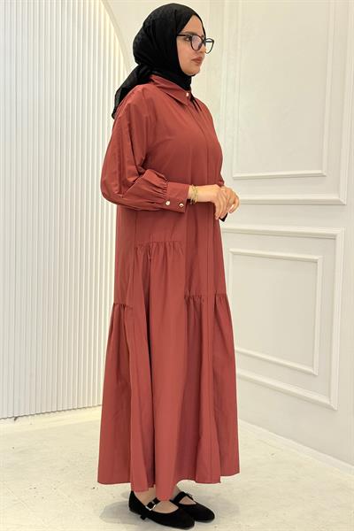 Gizli Pat Düğmeli Katlı Tesettür Elbise Kiremit OTW5287