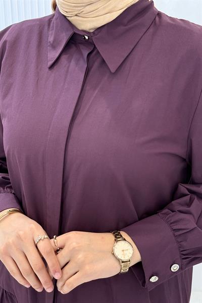 Gizli Pat Düğmeli Katlı Tesettür Elbise Mürdüm OTW5287