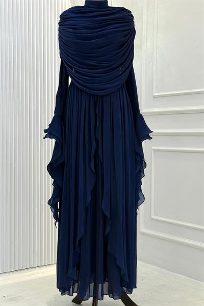 Göğüs Drapeli Pelerinli Şifon Tesettür Abiye Lacivert OTW4854