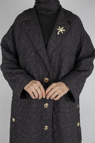 Gold Düğme Detaylı Kapitone Uzun Mont Siyah OTW2967