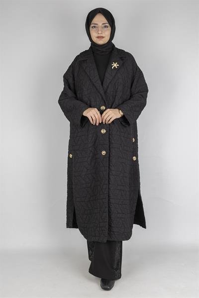 Gold Düğme Detaylı Kapitone Uzun Mont Siyah OTW2967