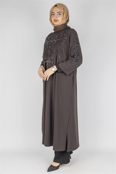Güpür ve Taş İşlemeli Büyük Beden Krep Tunik&Elbise Kahve OTW9324