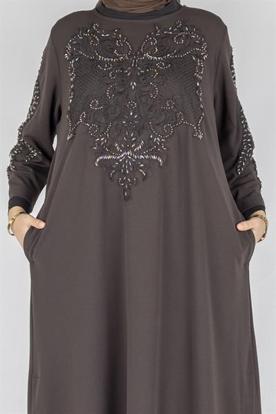 Güpür ve Taş İşlemeli Büyük Beden Krep Tunik&Elbise Kahve OTW9324