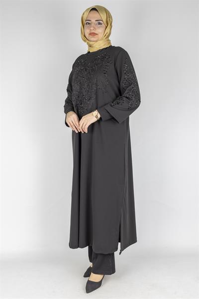 Güpür ve Taş İşlemeli Büyük Beden Krep Tunik&Elbise Siyah OTW9324