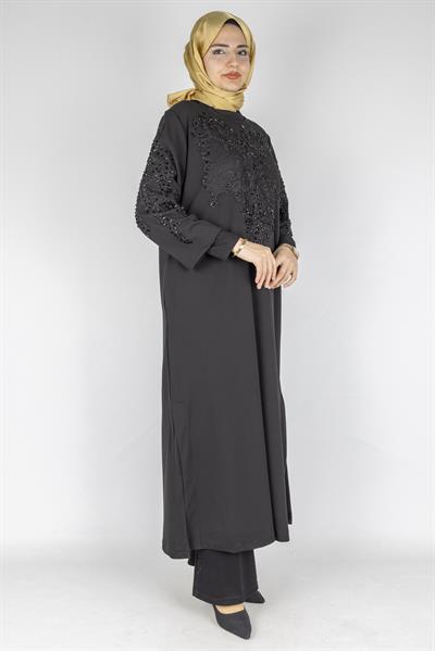 Güpür ve Taş İşlemeli Büyük Beden Krep Tunik&Elbise Siyah OTW9324