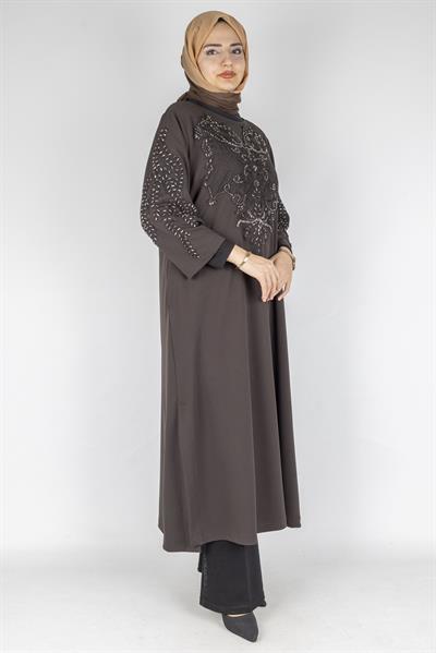 Güpür ve Taş İşlemeli Büyük Beden Krep Tunik&Elbise Kahve OTW9324