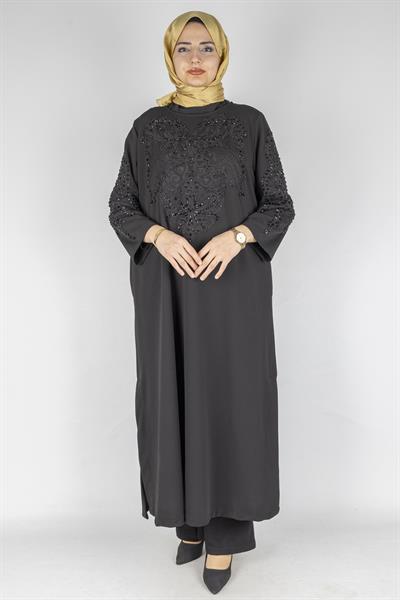 Güpür ve Taş İşlemeli Büyük Beden Krep Tunik&Elbise Siyah OTW9324