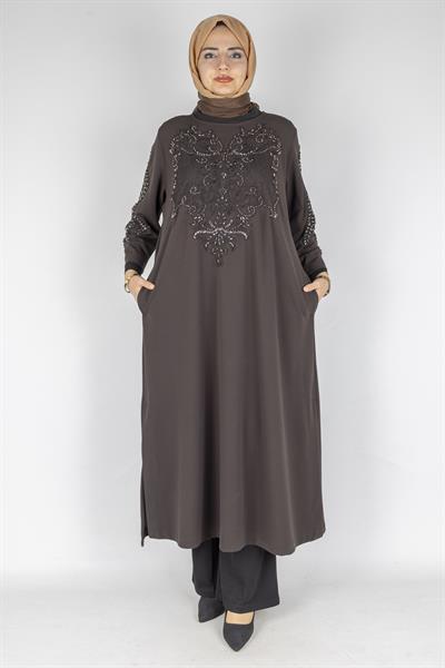 Güpür ve Taş İşlemeli Büyük Beden Krep Tunik&Elbise Kahve OTW9324