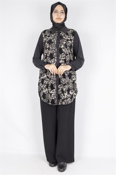 Gzll Gömlek OTW45405 Leopar Desenli Düğmeli Tunik Gömlek Siyah 45405