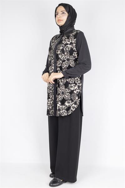 Gzll Gömlek OTW45405 Leopar Desenli Düğmeli Tunik Gömlek Siyah 45405