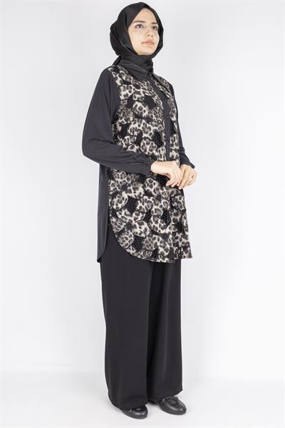 Gzll Gömlek OTW45405 Leopar Desenli Düğmeli Tunik Gömlek Siyah 45405