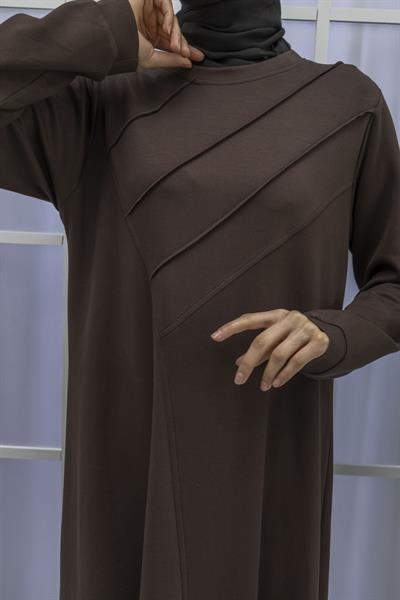 İKİ İPLİK PENYE ÇIMALI ELBİSE Kahve OTW767