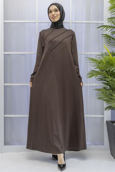 İKİ İPLİK PENYE ÇIMALI ELBİSE Kahve OTW767