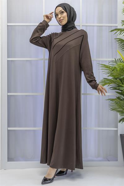 İKİ İPLİK PENYE ÇIMALI ELBİSE Kahve OTW767