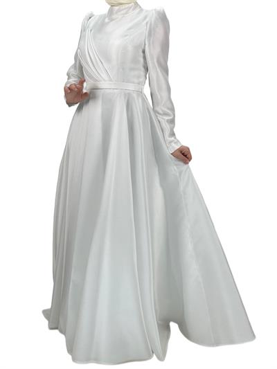 İnce Kemerli Abiye Elbise Beyaz OTW4547