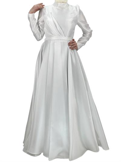 İnce Kemerli Abiye Elbise Beyaz OTW4547