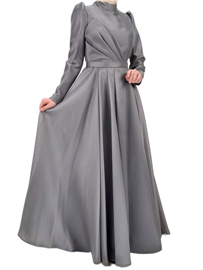 İnce Kemerli Abiye Elbise Gri OTW4547