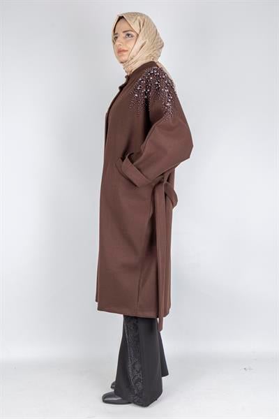 İnci Detaylı Büyük Beden Tesettür Kaban Kahve OTW9841