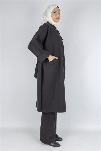 İnci Detaylı Büyük Beden Tesettür Kaban Siyah OTW9841