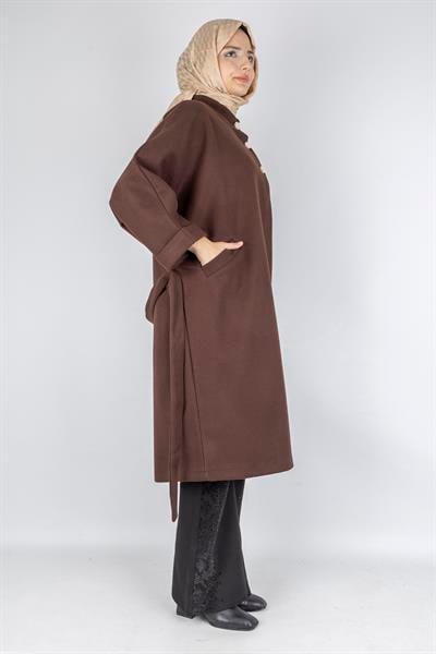 İnci Detaylı Büyük Beden Tesettür Kaban Kahve OTW9841