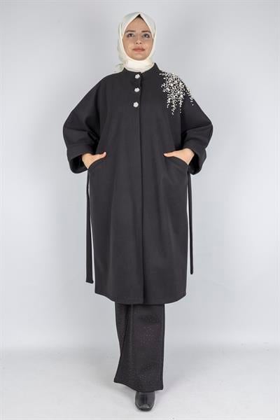 İnci Detaylı Büyük Beden Tesettür Kaban Siyah OTW9841