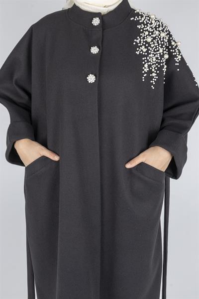 İnci Detaylı Büyük Beden Tesettür Kaban Siyah OTW9841