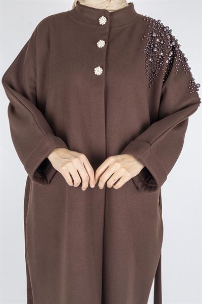 İnci Detaylı Büyük Beden Tesettür Kaban Kahve OTW9841